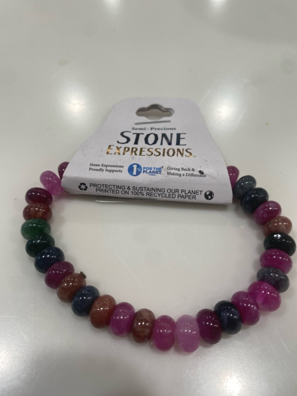 StoneExpressions Pink Green Blue & Gray Semi-Precious Bead Stretch Bracelet NWT